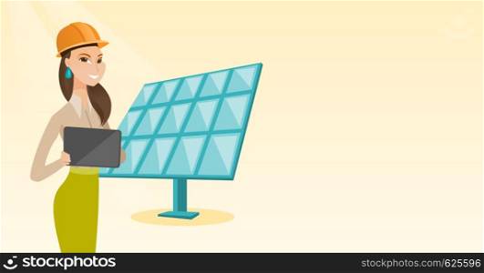 Engineer working on tablet at solar power plant. Worker with tablet computer at solar power plant. Worker in hard hat checking solar panel setup. Vector flat design illustration. Horizontal layout.. Female worker of solar power plant.