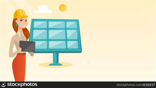 Engineer working on tablet at solar power plant. Caucasian female worker of solar power plant. Engineer in hard hat checking solar panel setup. Vector flat design illustration. Horizontal layout.. Female worker of solar power plant.