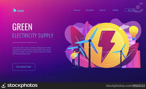 Engineer working with wind turbines producing green energy, light bulb. Wind power, renewable energy, green electricity supply concept. Website vibrant violet landing web page template.. Wind power concept landing page.