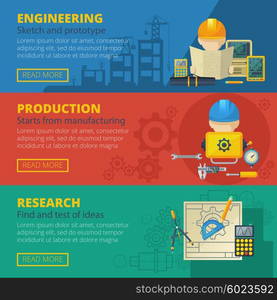 .Engineering 3 Horizontal Flat Banners Set. Civil engineering teamwork project research presentation and production design 3 flat banners set abstract vector isolated illustration