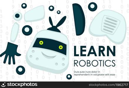Engineering and modeling robots and humanoids. Learn robotics, courses and classes for education and getting knowledge. Innovative ideas and production on factories by specialists. Vector in flat. Learn robotics, science and engineering vector