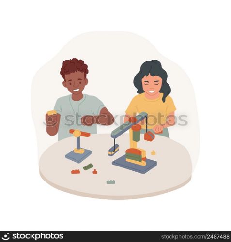 Engineering class isolated cartoon vector illustration. After school engineering class, children building together, stem day camp, PA education program, daycare center activity vector cartoon.. Engineering class isolated cartoon vector illustration.