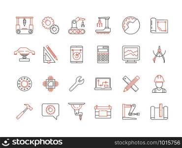 Engineering colored icon. Production support software mechanical work electronical and technician tools vector thin line symbols. Illustration of engineering and manufacturing work. Engineering colored icon. Production support software mechanical work electronical and technician tools vector thin line symbols