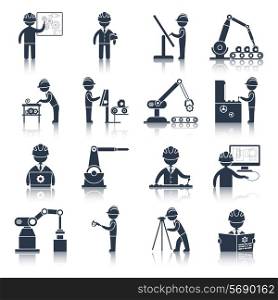 Engineering construction process factory production black icons set isolated vector illustration