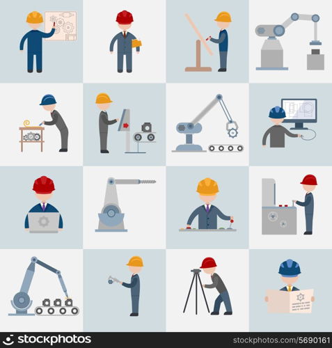 Engineering construction worker machine operator mechanic flat icons set isolated vector illustration