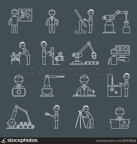 Engineering equipment construction workers technician in workshop outline icons set isolated vector illustration
