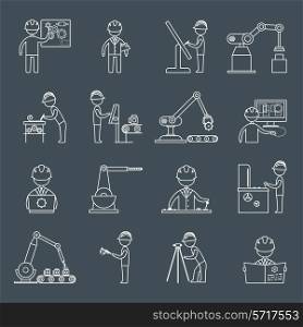 Engineering equipment construction workers technician in workshop outline icons set isolated vector illustration