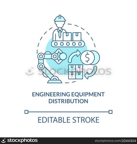 Engineering equipment distribution turquoise blue concept icon. Construction site supplies. Wholesale abstract idea thin line illustration. Vector isolated outline color drawing. Editable stroke. Engineering equipment distribution turquoise blue concept icon