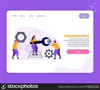 Engineering flat landing page with abstract technological background and information about price and specialists vector illustration