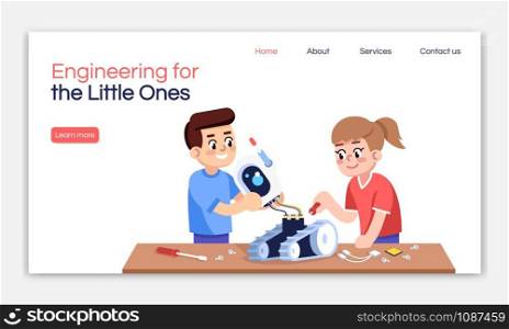 Engineering for little ones landing page vector template. Robotics courses website interface idea with flat illustrations. Electronic constructor homepage layout. Web banner, webpage cartoon concept