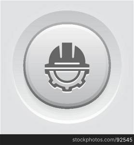 Engineering Icon. Gear and Hard Hat. Development Symbol.. Engineering Icon. Gear and Hard Hat. Development Symbol. Flat Line Pictogram. Isolated on white background. Grey Button Design.