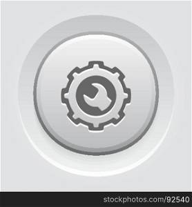 Engineering Icon. Gear and Wrench. Service Symbol.. Engineering Icon. Gear and Wrench. Service Symbol. Flat Line Pictogram. Isolated on white background. Grey Button Design.