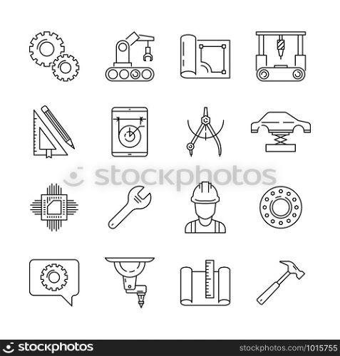 Engineering icon. Mechanical manufacturing technician engineer vector thin line symbols isolated. Illustration of manufacturing and technician engineering illustration. Engineering icon. Mechanical manufacturing technician engineer vector thin line symbols isolated