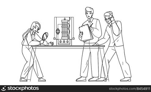 Engineering Laboratory Workers Developing Vector. In Engineering Laboratory Engineers Man And Woman Development And Researching Innovative Technology. Characters black line illustration. Engineering Laboratory Workers Developing Vector