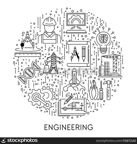 Engineering line icons on emblem or poster vector. Genetics and construction, machinery and electricity, IT and space technologies. Draft and divider, DNA and repair tools, spaceship and light bulb. Building and science, engineering industries line icons on emblem or poster