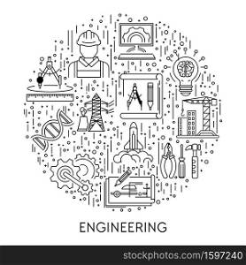 Engineering line icons on emblem or poster vector. Genetics and construction, machinery and electricity, IT and space technologies. Draft and divider, DNA and repair tools, spaceship and light bulb. Building and science, engineering industries line icons on emblem or poster
