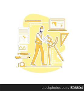 Engineering manager thin line concept vector illustration. Man with optical level 2D cartoon character for web design. Housing industry, area measurement, construction planning creative idea