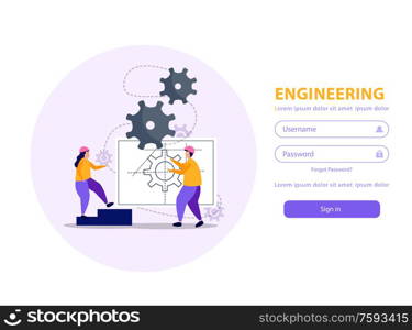 Engineering mobile application with username and password flat vector illustration. Engineering Mobile Application