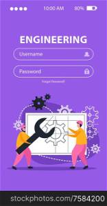 Engineering occupation mobile application with username and password flat vector illustration. Engineering Occupation Mobile Application