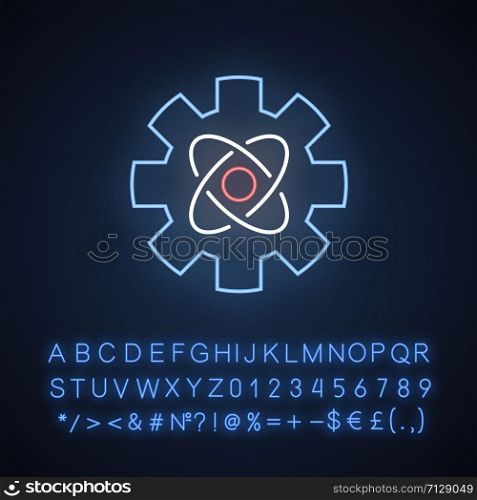 Engineering physics neon light icon. Nanotech. Cogwheel and atom structure model. Mechanical engineering. Nano technology. Glowing sign with alphabet, numbers and symbols. Vector isolated illustration