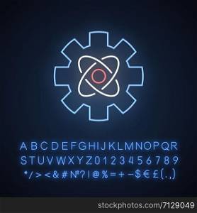 Engineering physics neon light icon. Nanotech. Cogwheel and atom structure model. Mechanical engineering. Nano technology. Glowing sign with alphabet, numbers and symbols. Vector isolated illustration