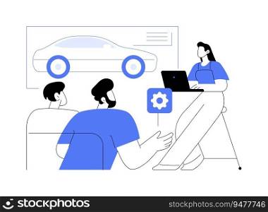 Engineering review of a car abstract concept vector illustration. Group of professional engineers discussing new car project, vehicle manufacturing industry, automobile design abstract metaphor.. Engineering review of a car abstract concept vector illustration.