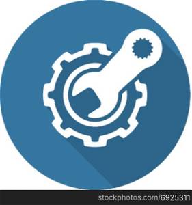 Engineering Service Icon. Gear and Wrench. Repair Symbol.. Engineering Service Icon. Gear and Wrench. Repair Symbol. Flat Line Pictogram. Isolated on white background. Long Shadow.