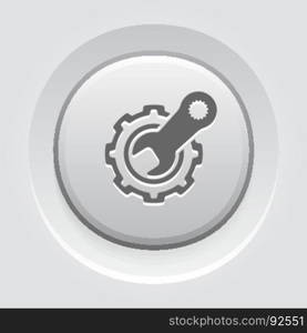 Engineering Service Icon. Gear and Wrench. Repair Symbol.. Engineering Service Icon. Gear and Wrench. Repair Symbol. Flat Line Pictogram. Isolated on white background. Grey Button Design.