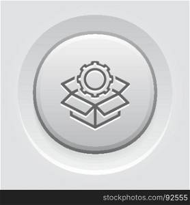 Engineering Solutions Icon. Gear and Cardbox. Product Symbol.. Engineering Solutions Icon. Gear and Cardbox. Product Symbol. Flat Line Pictogram. Isolated on white background. Grey Button Design.
