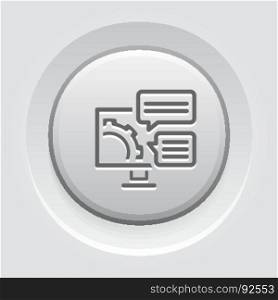Engineering Solutions Icon. Gear and Computer. Development Symbol.. Engineering Solutions Icon. Gear and Computer. Development Symbol. Flat Line Pictogram. Isolated on white background. Grey Button Design.