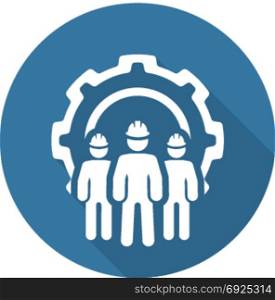 Engineering Team Icon. Three Men and Cog Wheel. Development Symbol.. Engineering Team Icon. Three Men and Cog Wheel. Development Symbol. Flat Line Pictogram. Isolated on white background. Long Shadow.