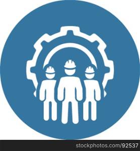 Engineering Team Icon. Three Men and Cog Wheel. Development Symbol.. Engineering Team Icon. Three Men and Cog Wheel. Development Symbol. Flat Line Pictogram. Isolated on white background.