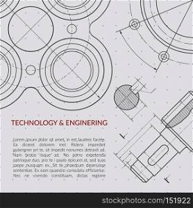 Engineering vector concept with part of machinery technical drawing. Machinery engineering mechanism, banner industry engineering drawing illustration. Engineering vector concept with part of machinery technical drawing