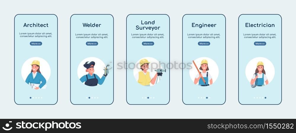 Engineering women jobs onboarding mobile app screen flat vector template. Gender equality. Walkthrough website steps with characters. UX, UI, GUI smartphone cartoon interface, case prints set. Non traditional women jobs onboarding mobile app screen flat vector template