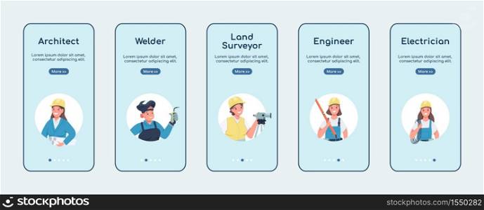 Engineering women jobs onboarding mobile app screen flat vector template. Gender equality. Walkthrough website steps with characters. UX, UI, GUI smartphone cartoon interface, case prints set. Non traditional women jobs onboarding mobile app screen flat vector template