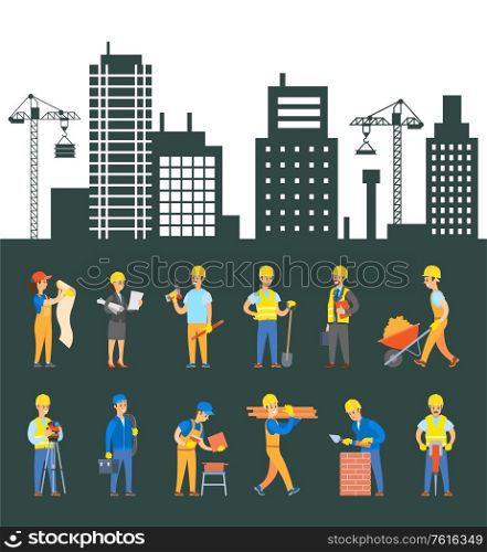 Engineers and builders vector, city building constructions and cranes lifting heavy blocks. Man with bricks and woman with plan scheme for house project. Workers Building, Engineers Controlling Process