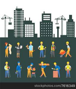 Engineers and builders vector, city building constructions and cranes lifting heavy blocks. Man with bricks and woman with plan scheme for house project. Workers Building, Engineers Controlling Process