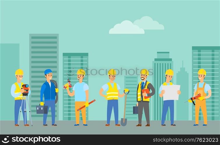 Engineers and builders vector, man wearing uniform holding drill in hands, cityscape with building and clouds, supervisor with box suitcase tools. Engineers Constructing New Houses Using Tools