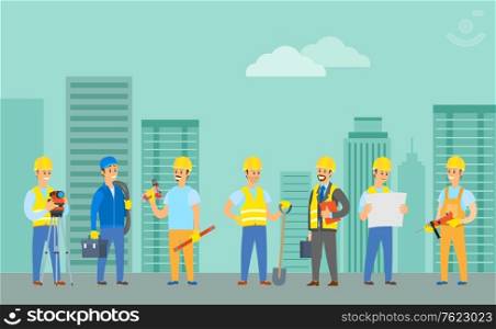 Engineers and builders vector, man wearing uniform holding drill in hands, cityscape with building and clouds, supervisor with box suitcase tools. Engineers Constructing New Houses Using Tools