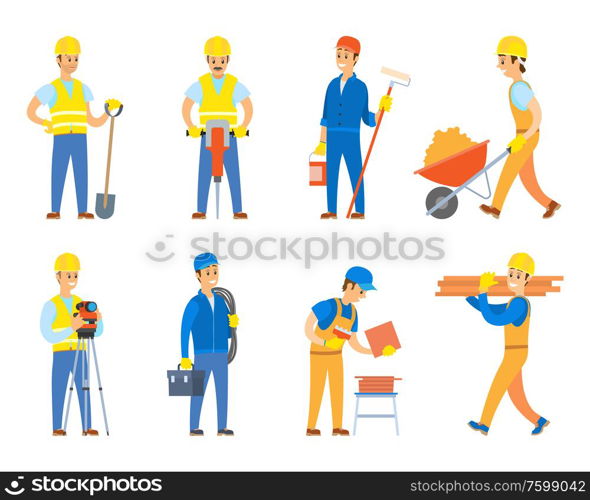 Engineers and designers for building construction vector, isolated set of character wearing uniform and using instruments, paint roller and tolley. Worker with Tools and Instrument for Work Set