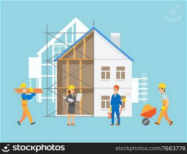 Engineers and handymen vector, people with tools and instruments working on construction of apartment, male with carriage filled with sand, planning lady. People Working on Construction, Building Work
