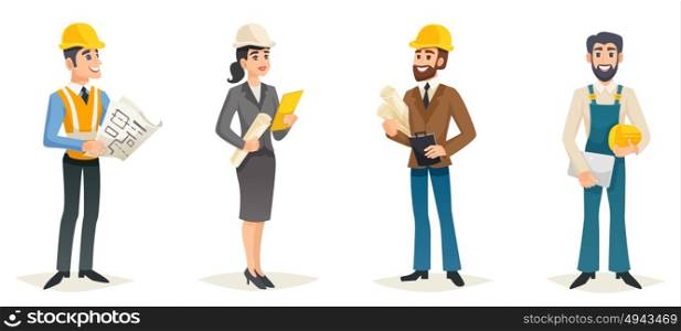 Engineers Cartoon Set. Engineers cartoon set with civil engineering construction workers architect and surveyor isolated vector illustration
