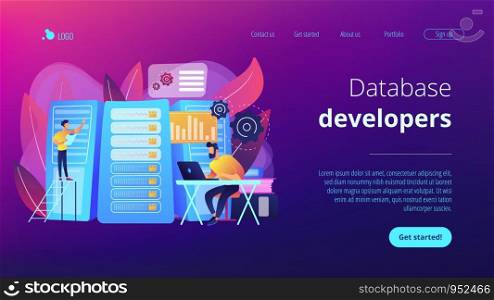 Engineers consolidating and structuring data in the center. Big data engineering, massive data operation, big data architecture concept. Website vibrant violet landing web page template.. Big data engineering concept landing page.