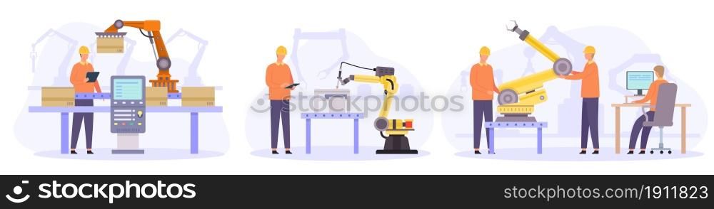 Engineers control, check and repair automated robot arms. Flat smart factory inspection. Manufacturing industry automation vector concepts. Employees checking technologies, automated process. Engineers control, check and repair automated robot arms. Flat smart factory inspection. Manufacturing industry automation vector concepts