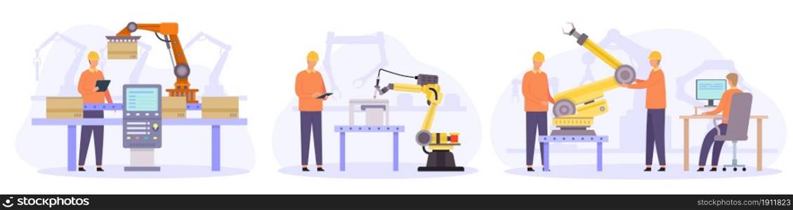 Engineers control, check and repair automated robot arms. Flat smart factory inspection. Manufacturing industry automation vector concepts. Employees checking technologies, automated process. Engineers control, check and repair automated robot arms. Flat smart factory inspection. Manufacturing industry automation vector concepts