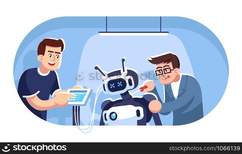 Engineers creating robot flat vector illustration. Robotics courses. Two students constructing mechanical person. Electronic technologies. Young men assembling droid cartoon characters