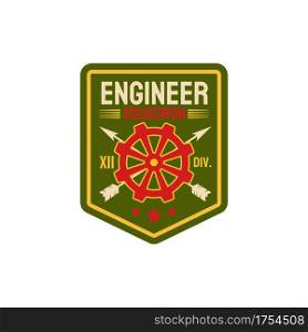 Engineers division squad of special elite forces, navy marin engineer troops chevron with steering wings and crossed arrows. Vector engineering squadron repair battalion army patch on military uniform. Fleet repair battalion engineering squad chevron