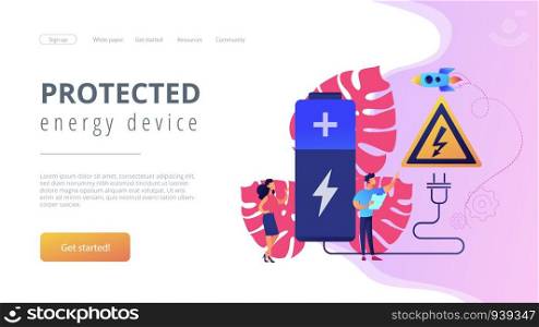 Engineers make recharging battery safe with plug and high voltage warning sign. Safety battery, protected energy device, battery safety use concept. Website vibrant violet landing web page template.. Safety battery concept landing page.