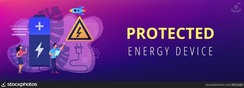 Engineers make recharging battery safe with plug and high voltage warning sign. Safety battery, protected energy device, battery safety use concept. Header or footer banner template with copy space.. Safety battery concept banner header.
