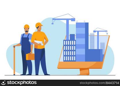 Engineers standing near big monitor with buildings. Project, crane, screen flat vector illustration. Construction and engineering concept for banner, website design or landing web page